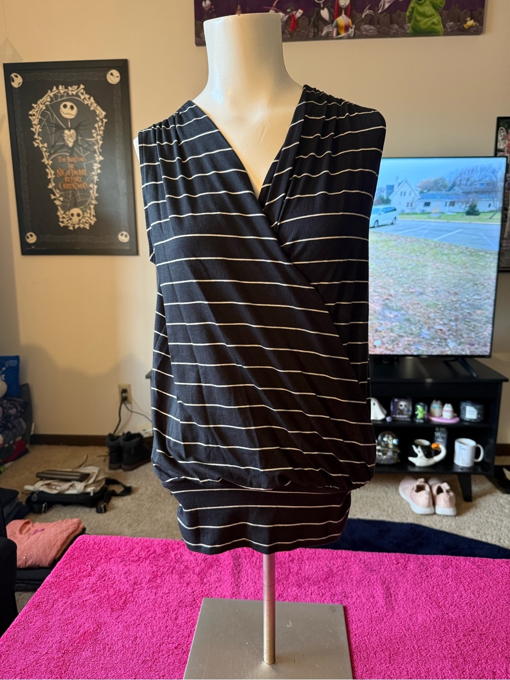 Garnet Hill Black and White Striped Surplice Sleeveless Top